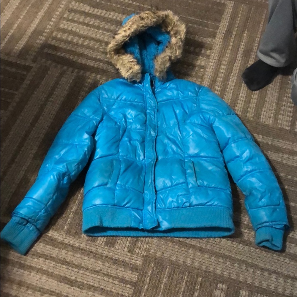 Justice blue heavy winter coat with hood.